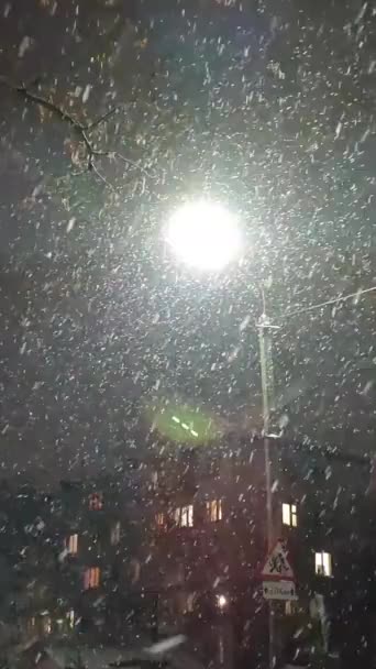 Vista de la nieve que cae sobre el telón de fondo de la luz de una linterna brillante — Vídeos de Stock