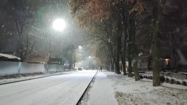 Kış gecesi şehir caddesinde kar yağışı manzarası. İki kişi kaldırımda yürür — Stok video