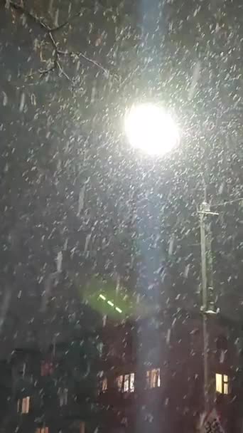 Άποψη του χιονιού που πέφτει στο φόντο του φωτός ενός λαμπερού φαναριού — Αρχείο Βίντεο