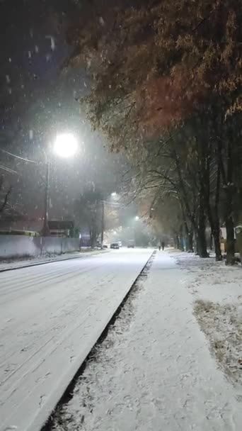 Nieve paisaje en la calle de la ciudad en la noche de invierno. Dos personas caminan en la acera — Vídeos de Stock