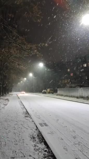 Kış gecesi şehir caddesinde kar yağışı manzarası. İki kişi kaldırımda yürür — Stok video