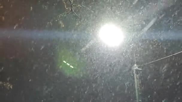Zicht op de vallende sneeuw tegen de achtergrond van het licht van een gloeiende lantaarn — Stockvideo