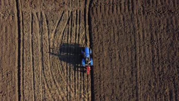 트랙터에 타고 있는 트랙터 운전사가 땅 위에 있습니다. 공중에서 요. 트랙터를 타고 밭을 가는 농부 — 비디오