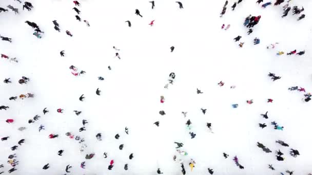 Vista aérea do drone sobre muitas pessoas patinando em uma pista de gelo ao ar livre no inverno. — Vídeo de Stock