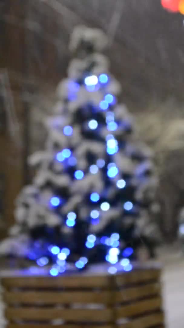 Árvore de Natal coberto de neve, brilhando luzes coloridas durante a queda de neve ao ar livre. — Vídeo de Stock