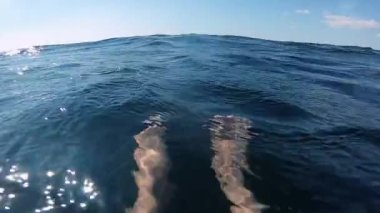 Kız dalgalarda yüzüyor. Deniz dalgalarının arka planında çıplak ayak insan ayağı