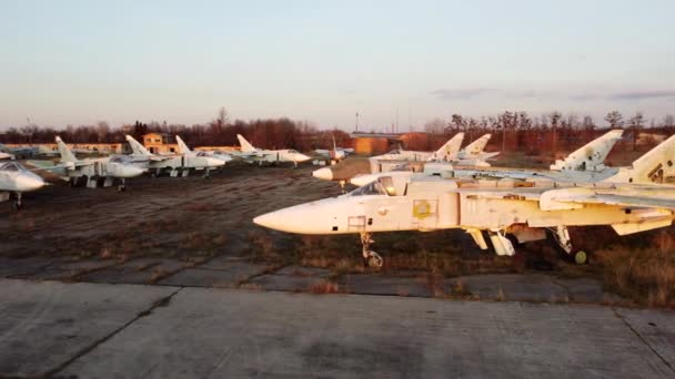 Aerial drone view flight over parking lot of old dismantled aircraft. Cemetery — Stock Video