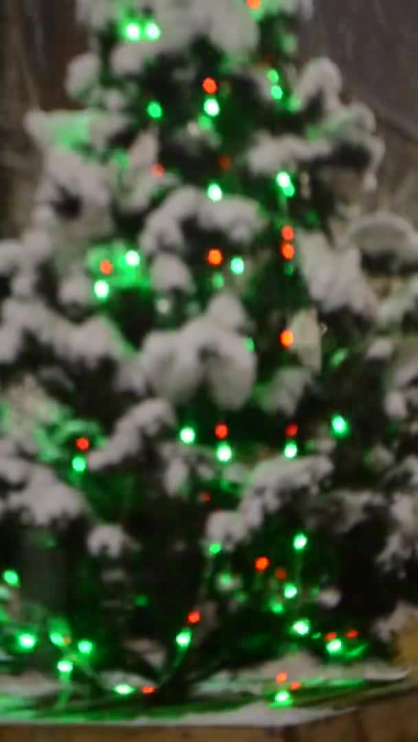 Kerstboom bedekt sneeuw, gloeiende kleurrijke lichten tijdens sneeuwval buiten. — Stockvideo