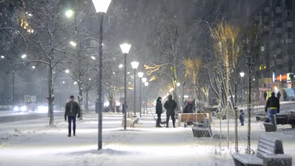 Kışın otoyolun yanında yürüyen ve yanan fenerlerle dolu bir sokak. — Stok video