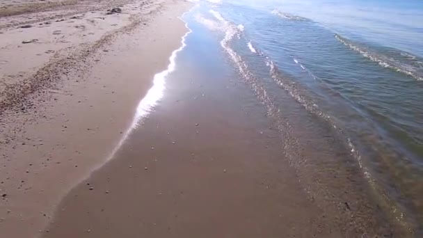 Ondas de rolo de água transparente limpo na praia arenosa da costa do mar. — Vídeo de Stock