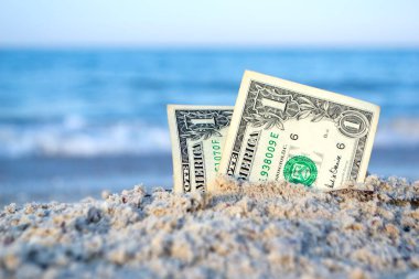 İki tane bir dolarlık banknot, kumlu deniz kıyısında yarı gömülü..