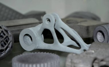 Gri nesne toz endüstriyel 3D yazıcıya basılmış. Üç boyutlu