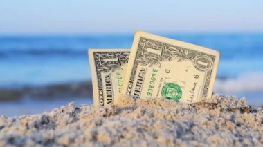 İki tane bir dolarlık banknot, kumlu deniz kıyısında yarı gömülü..
