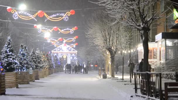 Улица города во время снегопада зимней ночью. Красивое освещение — стоковое видео