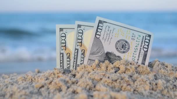 Dva dolarové bankovky napůl pohřbené v písku na písečném pobřeží zblízka. — Stock video