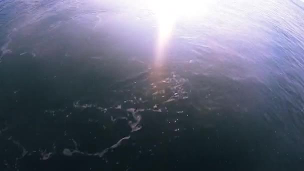 Vista de la superficie del agua del mar desde una lancha motora en movimiento con resplandor solar. — Vídeos de Stock