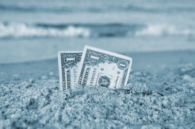 İki tane bir dolarlık banknot, kumlu deniz kıyısında yarı gömülü..