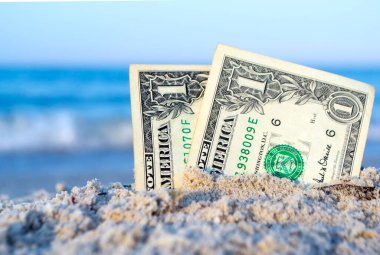 İki tane bir dolarlık banknot, kumlu deniz kıyısında yarı gömülü..