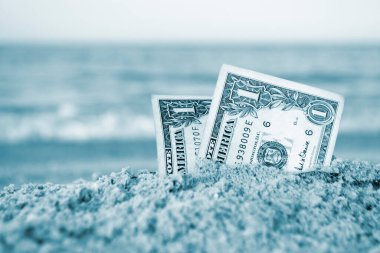 İki tane bir dolarlık banknot, kumlu deniz kıyısında yarı gömülü..