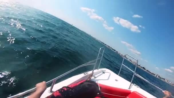 Perempuan dan orang lain berlayar dengan perahu motor di laut pada hari musim panas yang cerah. — Stok Video