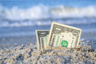İki tane bir dolarlık banknot, kumlu deniz kıyısında yarı gömülü..