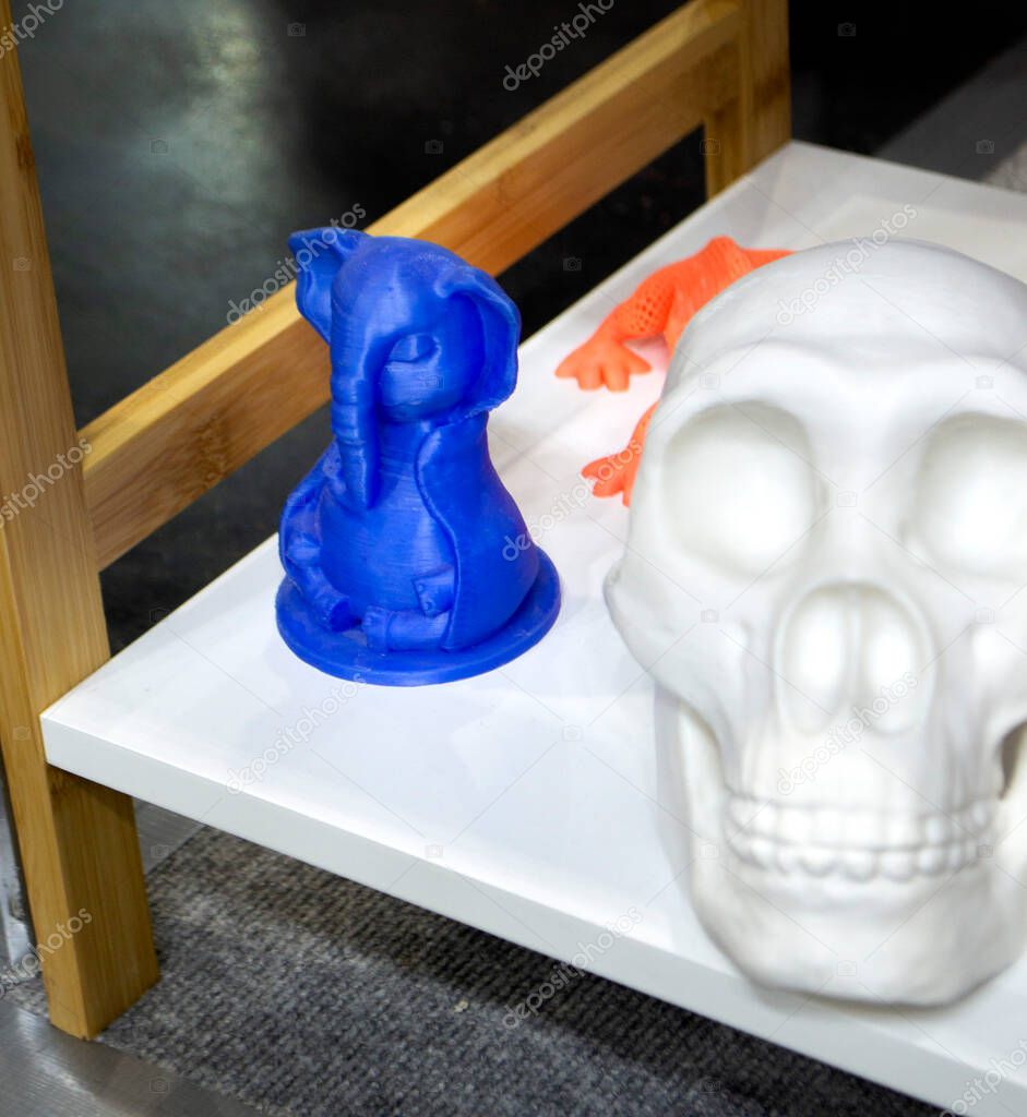 Models human skull prototypes printed on a 3D printer from plastic close-up