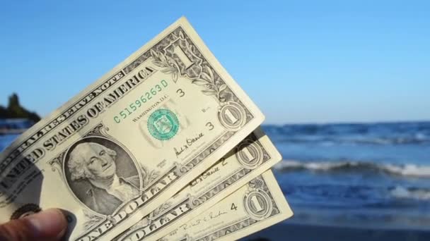 Person håller i sin hand tre dollarsedlar på bakgrunden av vågorna — Stockvideo