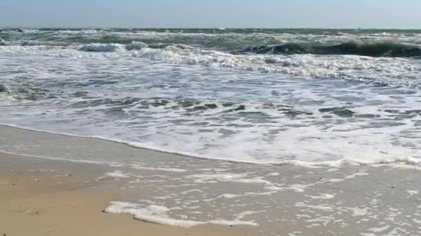 Viharos tenger. A viharos tenger hullámai sodródnak a parton a napsütéses napon.. — Stock videók