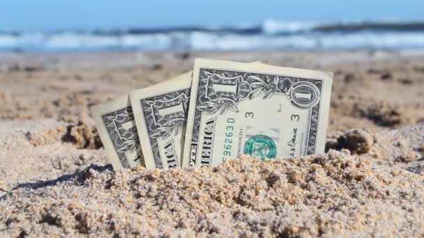 Tre papper kontanter en dollar räkningar halv begravd i sanden på stranden närbild. — Stockvideo