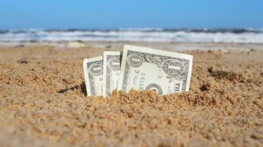 Kağıt, arka planda kumsalda gömülü bir dolar.