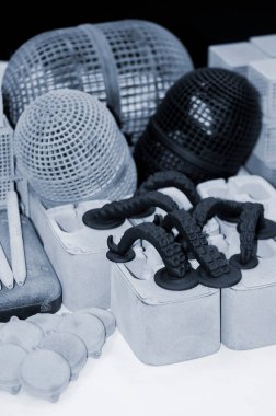 3D yazıcıda birçok farklı model basıldı. Gri ve siyah nesneler yazdırıldı