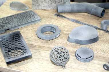 Birçok model 3D yazıcıda basıldı. Gri ve siyah nesneler 3D yazıcı.