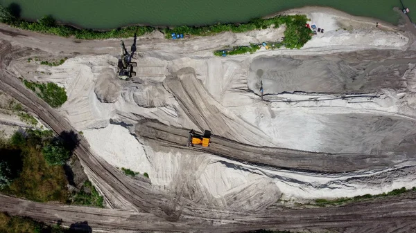 Aerial drone view flight over sand mining. Sand quarry. Top view. — Stock Photo, Image