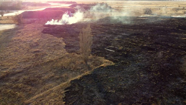 Vista aérea del dron quemando hierba seca. Abran llamas de fuego y humo. Amarillo seco —  Fotos de Stock