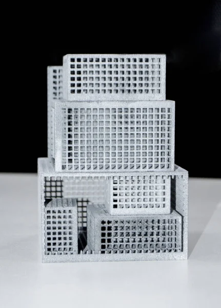 Models printed on 3D printer. Gray plastic objects printed on 3D printer. — Foto de Stock