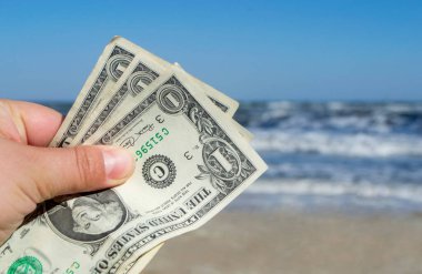 Deniz ve deniz dalgalarının arka planında üç dolarlık banknot tutan kişi
