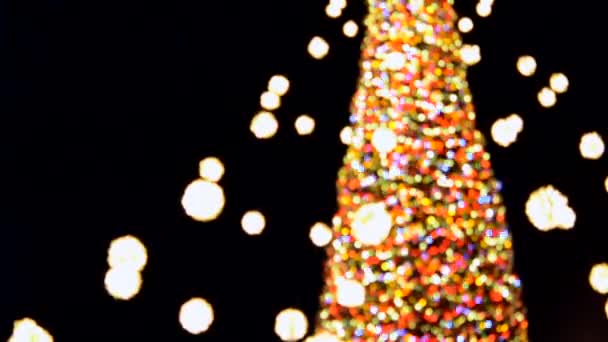 Suuri Uudenvuoden Joulukuusi Koristeltu Valoisa Monivärinen Seppeleitä Valaistus Yöllä Joulukuusi — kuvapankkivideo