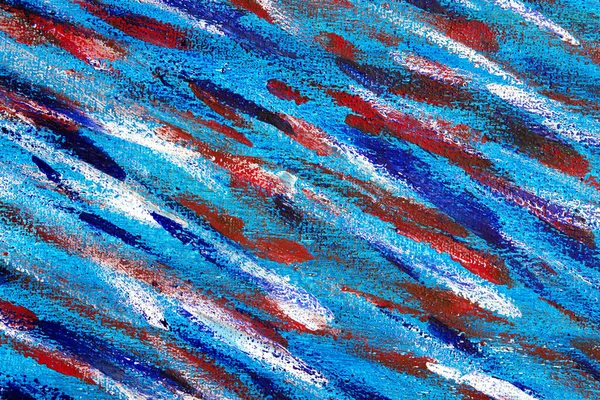 Creative background of colorful brush strokes on canvas close up. Abstract art background from smeared brush strokes of blue, red, white colors macro. Drawing, painting paints texture surface backdrop