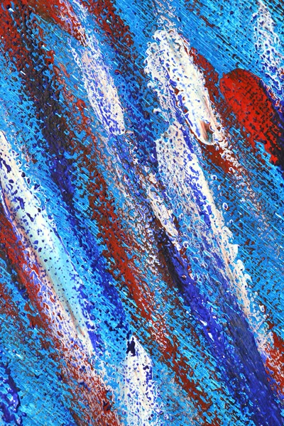 Creative background of colorful brush strokes on canvas close up. Abstract art background from smeared brush strokes of blue, red, white colors macro. Drawing, painting paints texture surface backdrop