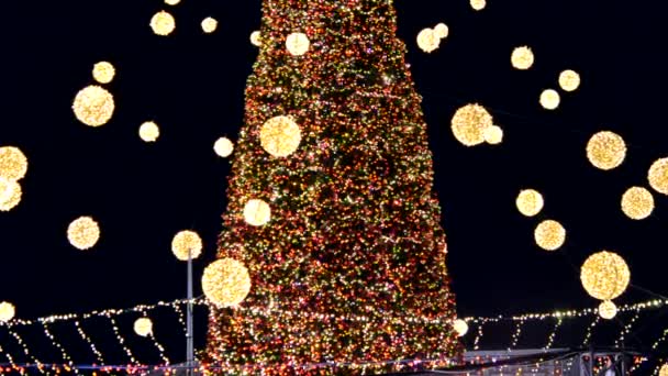Árvore Natal Bonita Árvore Ano Novo Decorado Grinaldas Piscando Multi — Vídeo de Stock