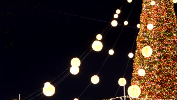 Gyönyörű Karácsonyfa Szilveszteri Díszített Sokszínű Villogó Koszorúk Fények Éjszaka Karácsonyfa — Stock videók