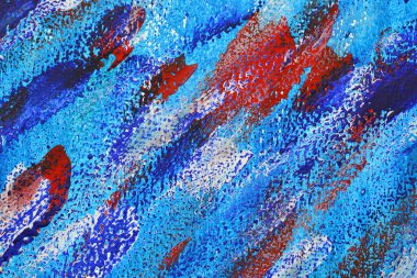 Renkli fırça darbelerinin yaratıcı arkaplanı. Mavi, kırmızı, beyaz renkli makro fırça darbelerinin soyut sanat arkaplanı. Çizim, resim desen yüzey zeminini boyar