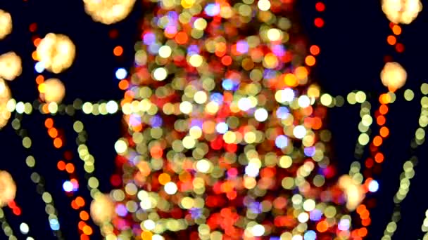 明るい多色のガーランドと夜の照明で飾られた大きな新年のクリスマスツリー 明かりが点滅するクリスマスツリー 背景がぼやけている 新年とクリスマスの休日 — ストック動画