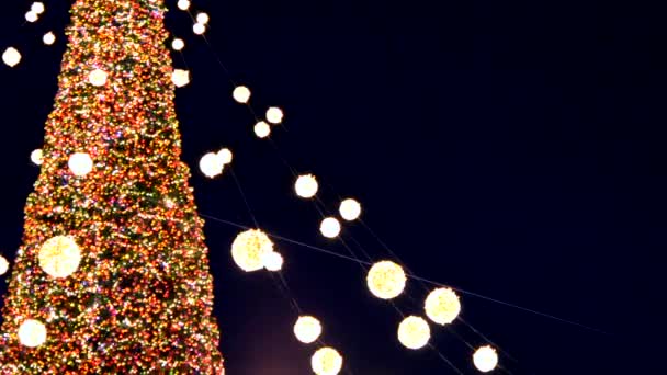 美しいクリスマスツリーと新年の木は 夜に多色の点滅するガーランドとライトを飾りました 明かりが点滅するクリスマスツリー 新年とクリスマスの休日 — ストック動画