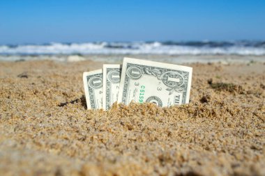 Kağıt, kumsaldaki kuma gömülü bir dolarlık banknotla deniz kenarına yakın çekim yapıyor. Güneşli bir yaz gününde kumdaki bir dolarlık nakit banknotlar. Para finans kavramı