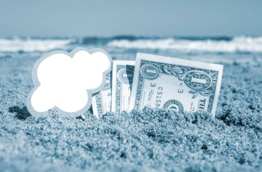 Kağıt bir dolar ve temiz boş konuşma baloncuğu ile küçük bir sopa. Güneşli bir yaz gününde kumsalın arka planında deniz kenarında gömülü. Para seyahati turizm tatili kavramı. Mavi beyaz renk