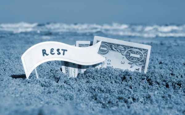 Kağıt bir dolar, kağıt konuşma balonlu küçük bir çubuk. Kum sahili arka planında güneşli yaz günlerinde deniz kenarında gömülü dinlenme. Para seyahati turizm tatili kavramı. Mavi beyaz renk