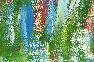 Tuval üzerindeki renkli fırça darbelerinin yaratıcı arka planı. Yeşil kırmızı, beyaz, mavi, makro boyalı fırça darbelerinin soyut sanat arkaplanı. Boya deseni arkaplanı çizimi