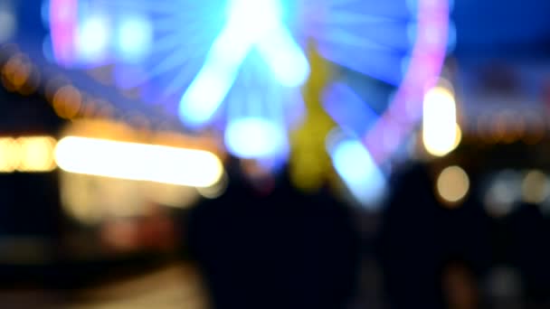 Ferris Wheel Decorated Blue Illumination Christmas Tree Black Silhouettes People — Stock Video