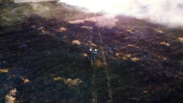 Два Пожарных Выходят Поле Черного Пепла Группе Пожарных Которые Тушат — стоковое видео